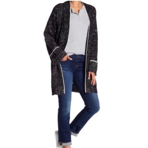 RDI Open Knit Marled Long Cardigan Black Cream Cotton Blend Warm Small Soft - Picture 1 of 6